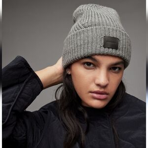 NWT Allsaints ribbed knit hat,winter beanie,wool blend,leather logo